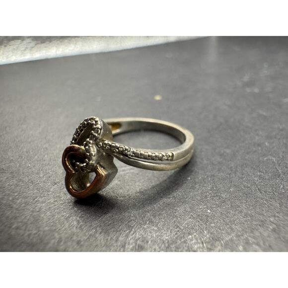 PJ Sterling Silver 925 10K Gold Accent Diamonds Double Open Heart Ring Sz 6.5 - Picture 7 of 13